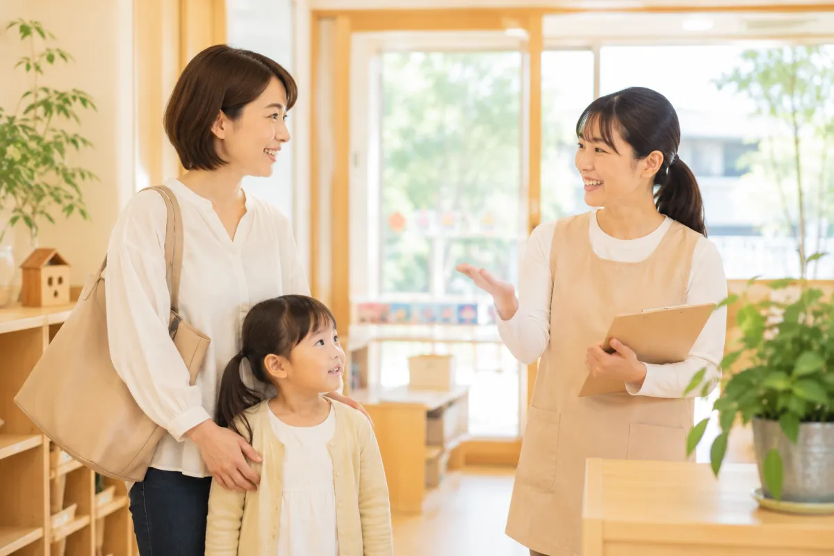 園の見学に訪れた親子を迎える保育士